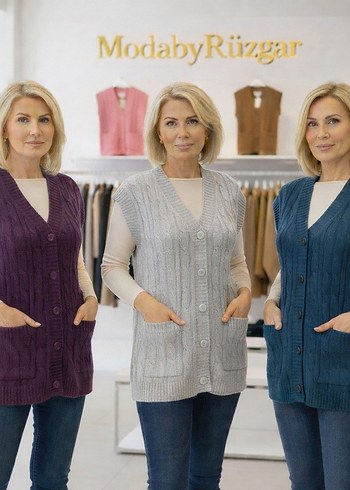 Gri V-Yaka Örgü  Hırka - Görsel 2