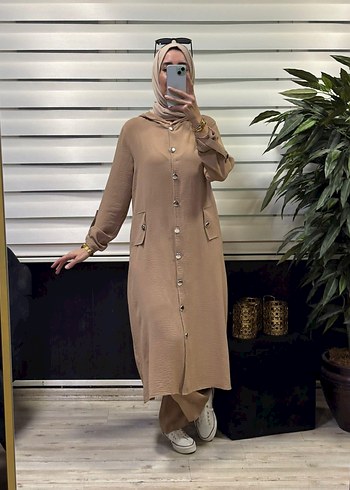 Düğmeli Uzun Mavi Kadın Tunik Pantolon Takım - Görsel 3