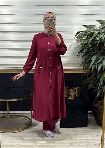 Düğmeli Uzun Mavi Kadın Tunik Pantolon Takım - Görsel 2