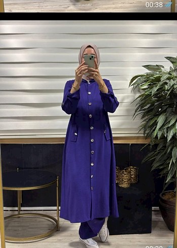 Düğmeli Uzun Mavi Kadın Tunik Pantolon Takım - Görsel 8