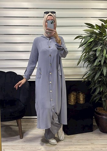 Düğmeli Uzun Mavi Kadın Tunik Pantolon Takım - Görsel 10