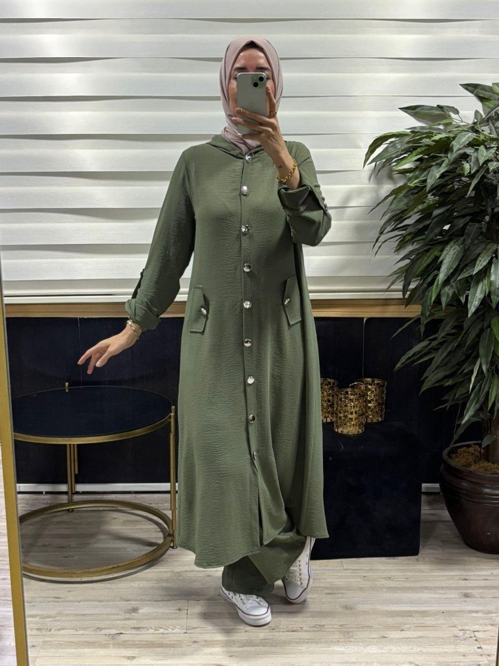 Düğmeli Uzun Mavi Kadın Tunik Pantolon Takım - Görsel 5