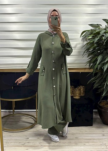 Düğmeli Bordo Kadın Uzun Tunik Pantolon Takım - Görsel 5