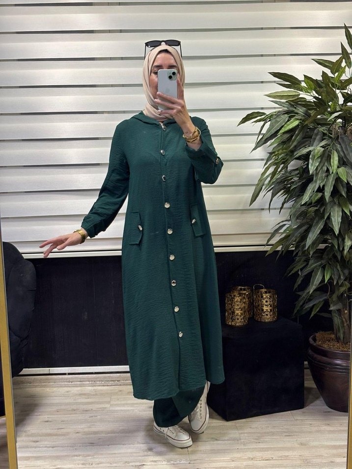 Düğmeli Bordo Kadın Uzun Tunik Pantolon Takım - Görsel 4