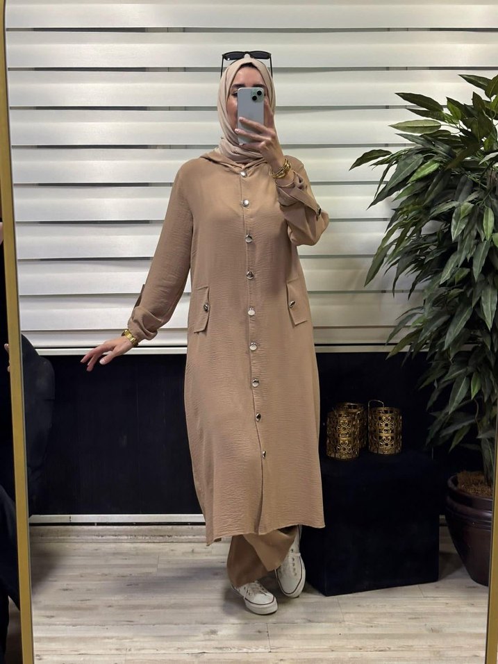 Düğmeli Bordo Kadın Uzun Tunik Pantolon Takım - Görsel 3