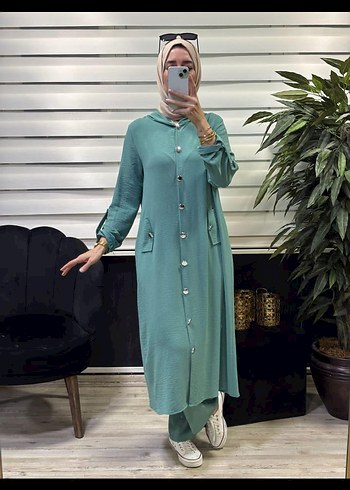 Düğmeli Bej Uzun Kadın Tunik Pantolon Takım - Görsel 5