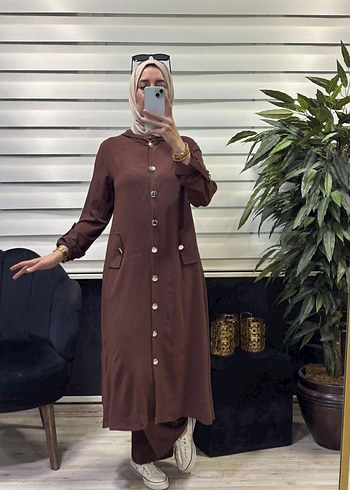 Düğmeli Bej Uzun Kadın Tunik Pantolon Takım - Görsel 6