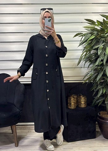 Düğmeli Bej Uzun Kadın Tunik Pantolon Takım - Görsel 9