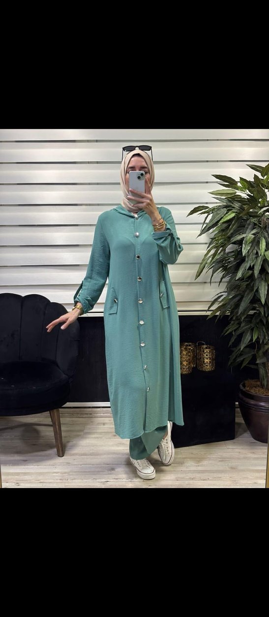 Düğmeli Bej Uzun Kadın Tunik Pantolon Takım - Görsel 5