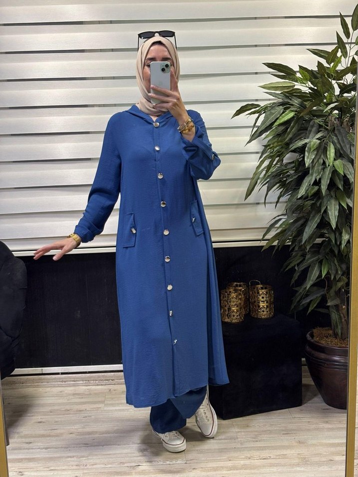 Düğmeli Bej Uzun Kadın Tunik Pantolon Takım - Görsel 2