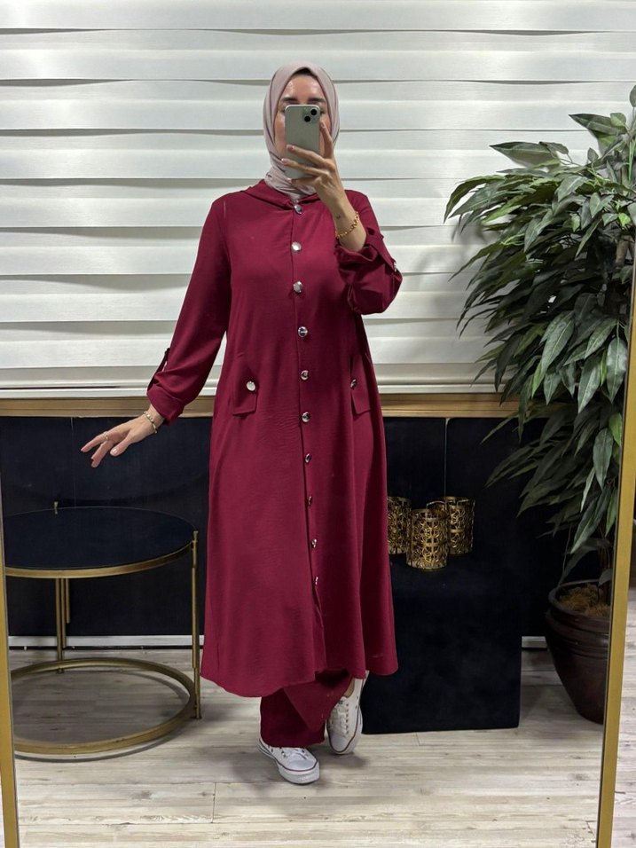 Düğmeli Bej Uzun Kadın Tunik Pantolon Takım - Görsel 3