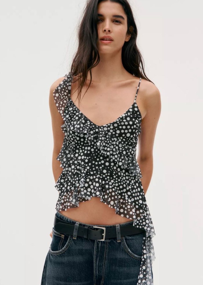 Puantiyeli Fırfırlı Desenli tül bluz - Görsel 3