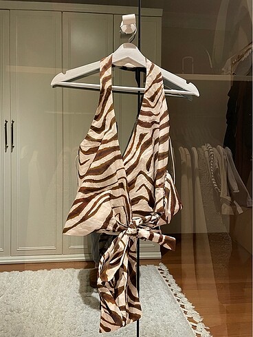 xs Beden Zebra desenli Keten karışımlı bluz ve pantolon