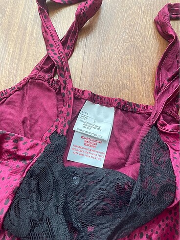 Diğer Dantel detaylı leopar desenli saten gecelik mürdüm babydoll üst