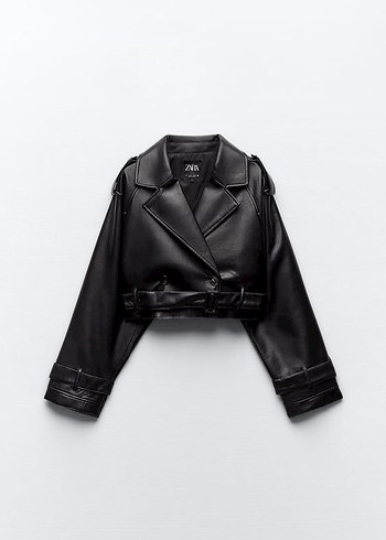 Kısa Suni Deri Biker oversize crop trençkot