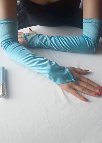 Mavi saten Gotik Kadın Eldivenleri - Görsel 3