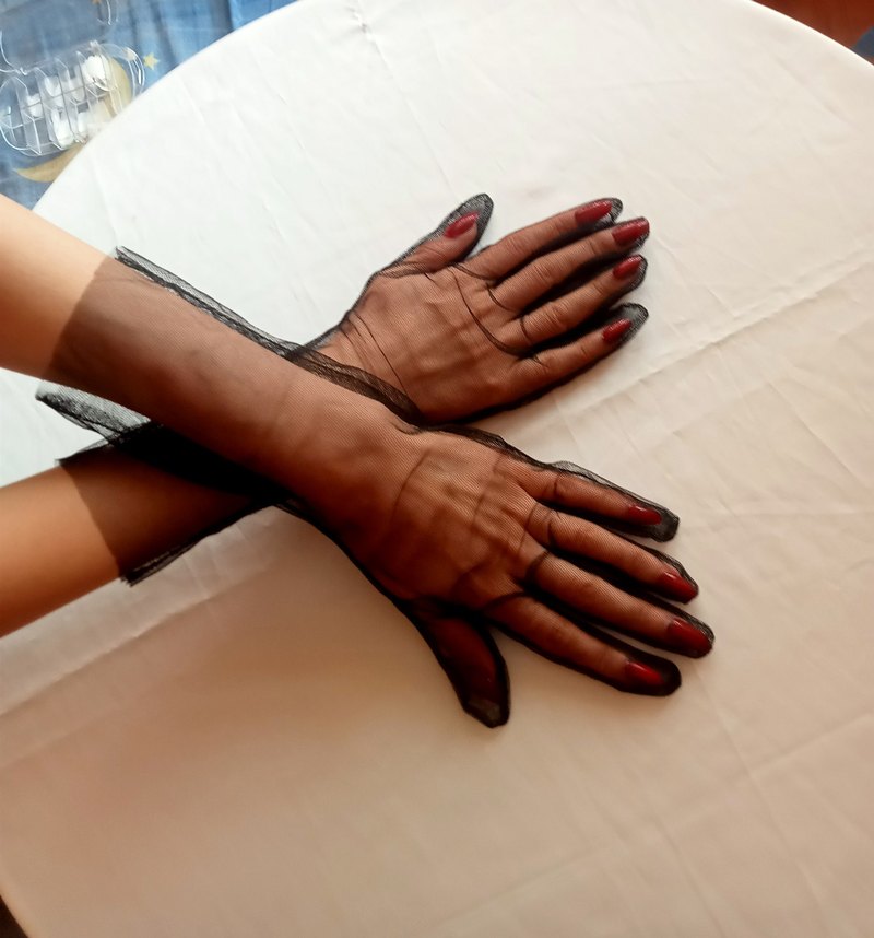 Şeffaf tül Siyah Gotik Kadın Eldiven - Görsel 4