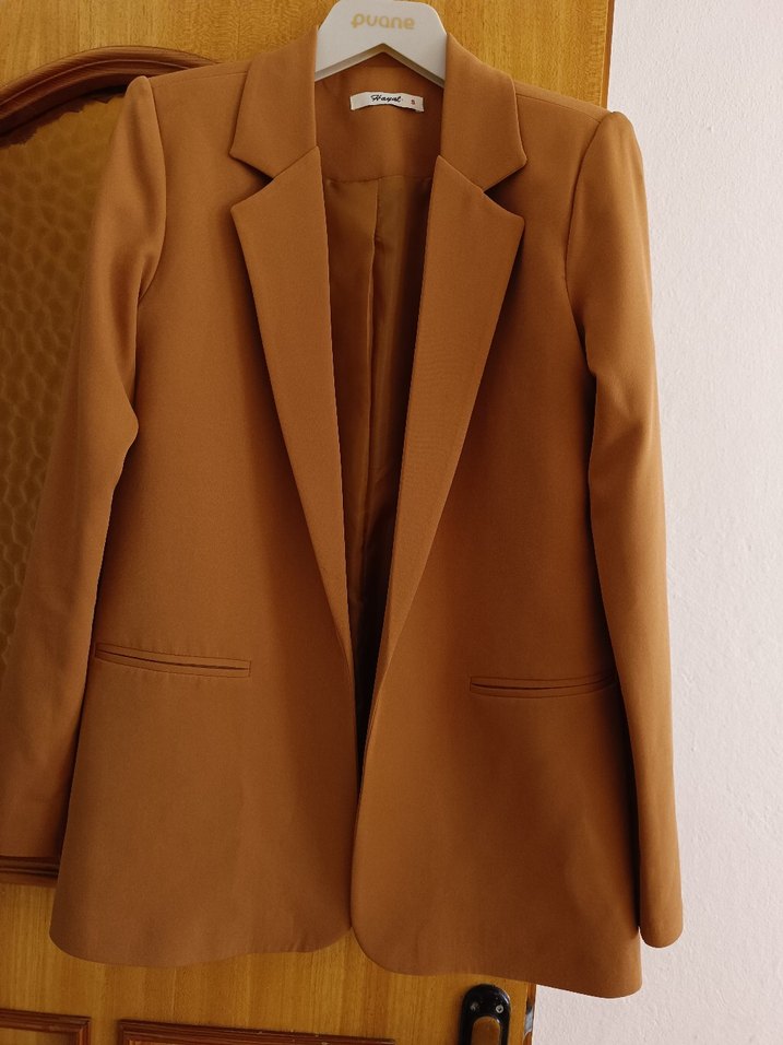 Bej Kadın Ofis Ceket, Düğmeli, Uzun Kollu - Görsel 2