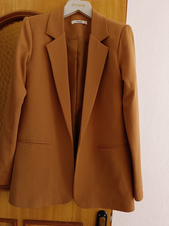 Bej Kadın Ofis Ceket, Düğmeli, Uzun Kollu - Görsel 3