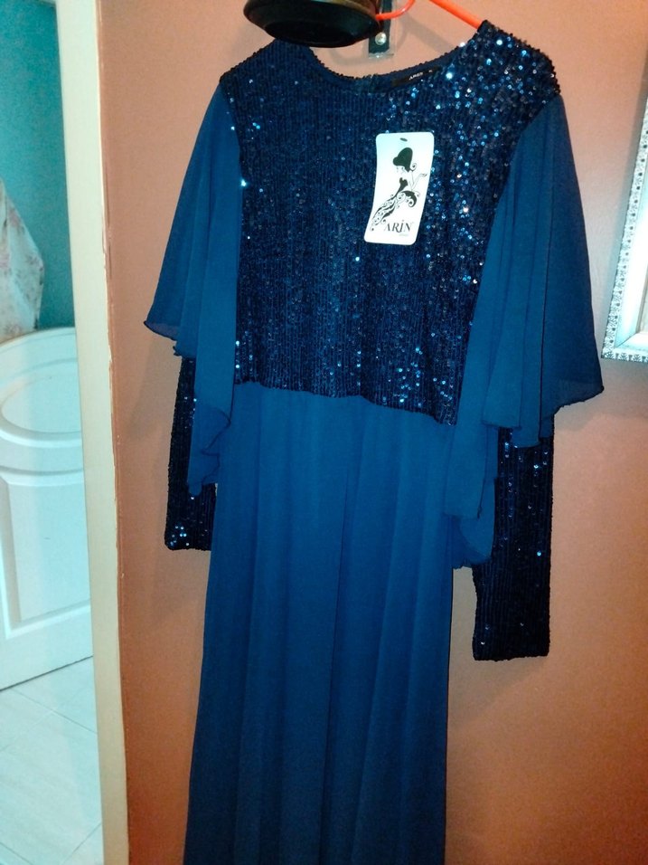 Drapeli Uzun Kollu Lacivert Kadın Abiye Elbise - Görsel 3