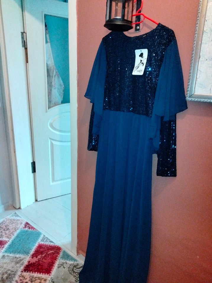 Drapeli Uzun Kollu Lacivert Kadın Abiye Elbise - Görsel 2