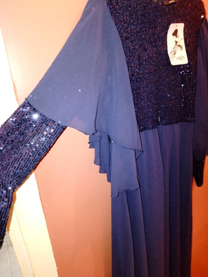 Drapeli Uzun Kollu Lacivert Kadın Abiye Elbise - Görsel 4