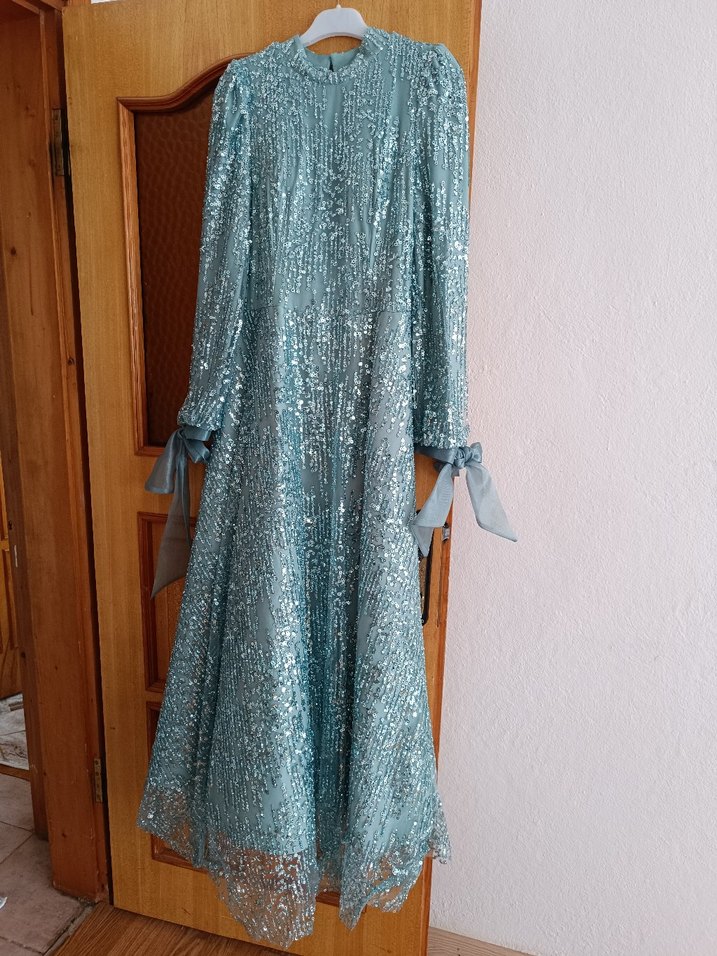 Turkuaz İşlemeli Uzun Abiye Elbise - Görsel 4