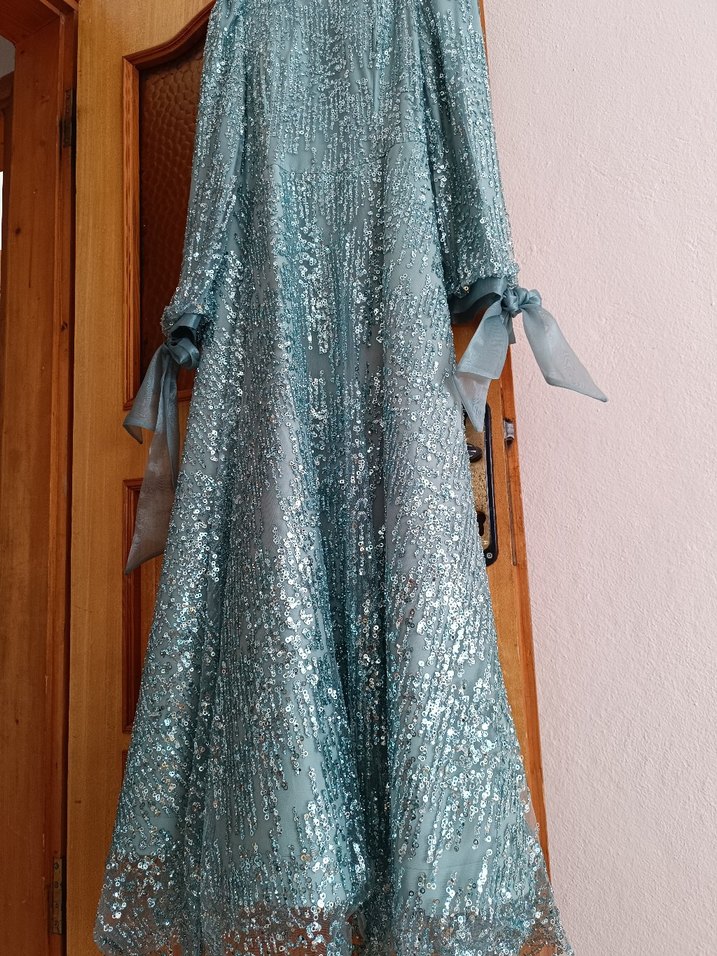 Turkuaz İşlemeli Uzun Abiye Elbise - Görsel 3