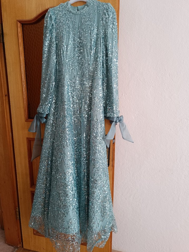 Turkuaz İşlemeli Uzun Abiye Elbise - Görsel 2