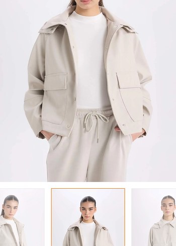 Bej Kadın Midi Ceket, Düz, Uzun Kollu - Görsel 3