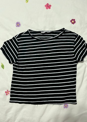 Kadın Siyah Beyaz Çizgili Crop