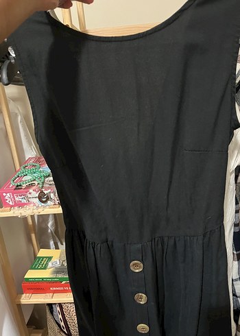 Düğmeli Siyah Midi Keten Elbise - Görsel 3