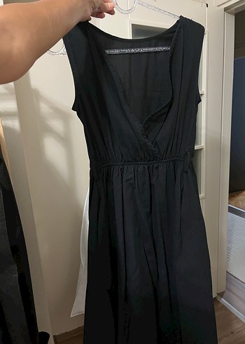 Düğmeli Siyah Midi Keten Elbise - Görsel 2