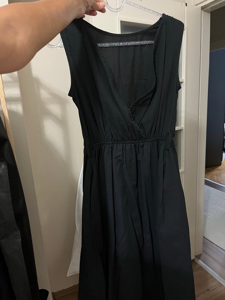 Düğmeli Siyah Midi Keten Elbise - Görsel 2