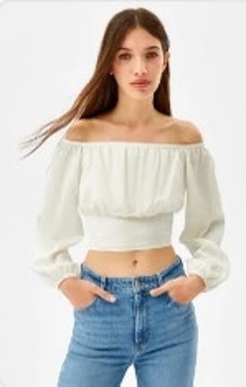 BERSHKA omuzu açık keten bluz