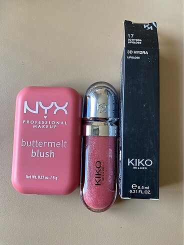 Kiko lipgloss ve nyx buttermelt allık seti