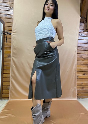 Diğer Kadın kahverengi Deri Mini Kalem Etek