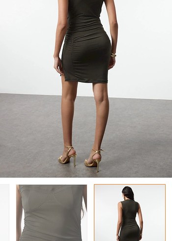 Milla Elbise Kolsuz Yüksek Yakalı Haki Mini Elbise - Görsel 3