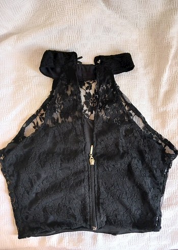 Diğer Siyah Dantelli Yüksek Yakalı Kadın Crop Top