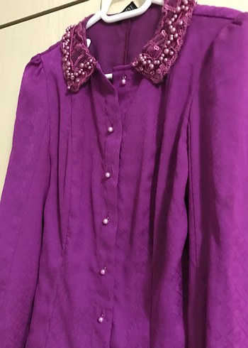 Mor, Uzun Kollu, Düğmeli Kadın Gömlek - Görsel 4