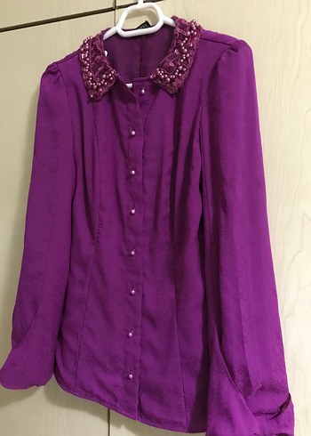 Mor, Uzun Kollu, Düğmeli Kadın Gömlek - Görsel 3