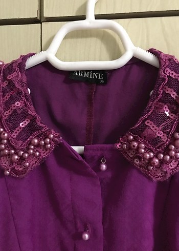 Mor, Uzun Kollu, Düğmeli Kadın Gömlek - Görsel 5