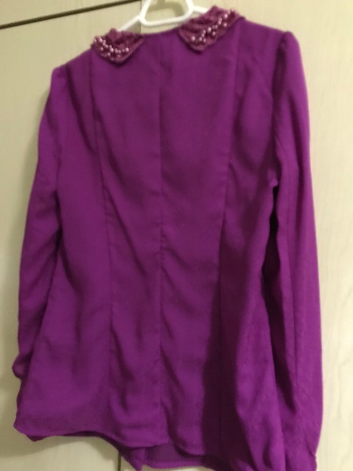 Mor, Uzun Kollu, Düğmeli Kadın Gömlek - Görsel 2