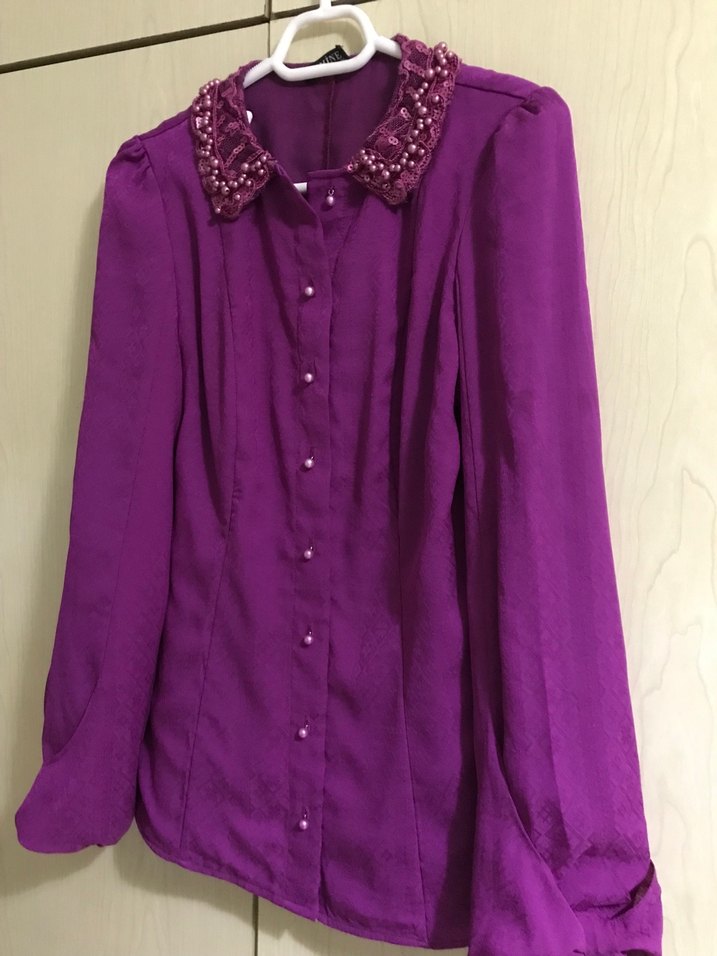 Mor, Uzun Kollu, Düğmeli Kadın Gömlek - Görsel 3