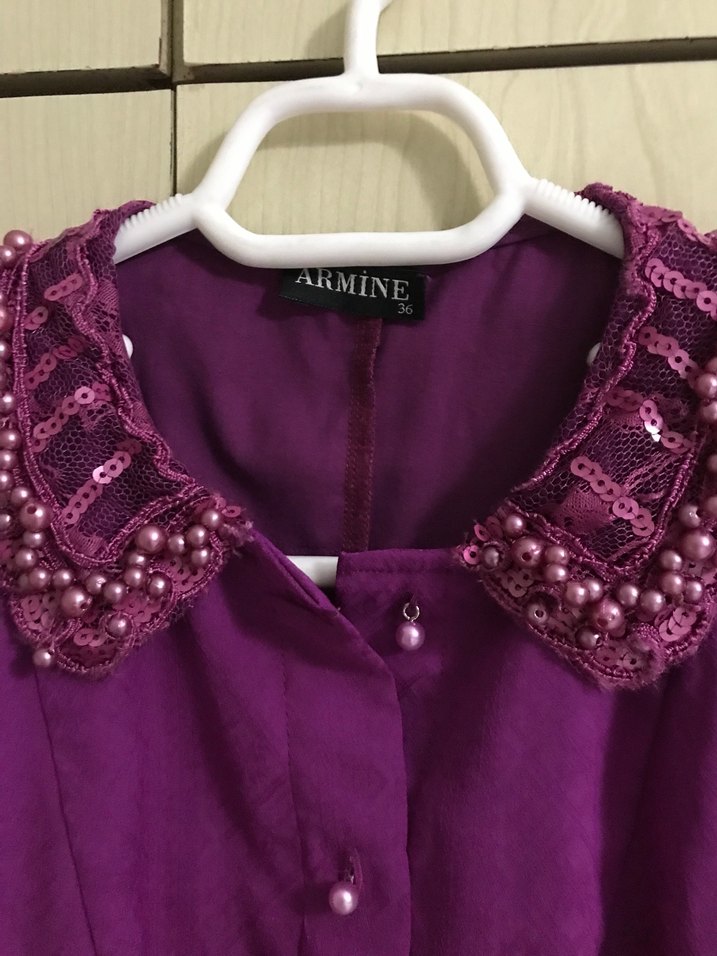 Mor, Uzun Kollu, Düğmeli Kadın Gömlek - Görsel 5