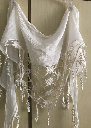 Dantel Detaylı Beyaz Keten Bohem Şal - Görsel 3