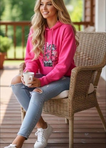 Kadın Pembe Kapüşonlu Baskılı Sweatshirt - Görsel 3