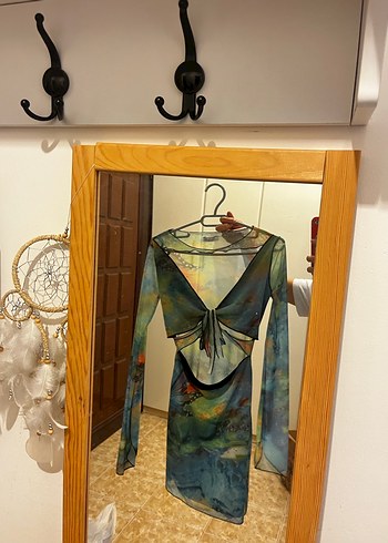 xs Beden Uzun Kollu, Transparan, Bağcıklı Mini Elbise