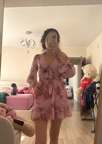 Pembe Midi V Yaka Şifon Elbise