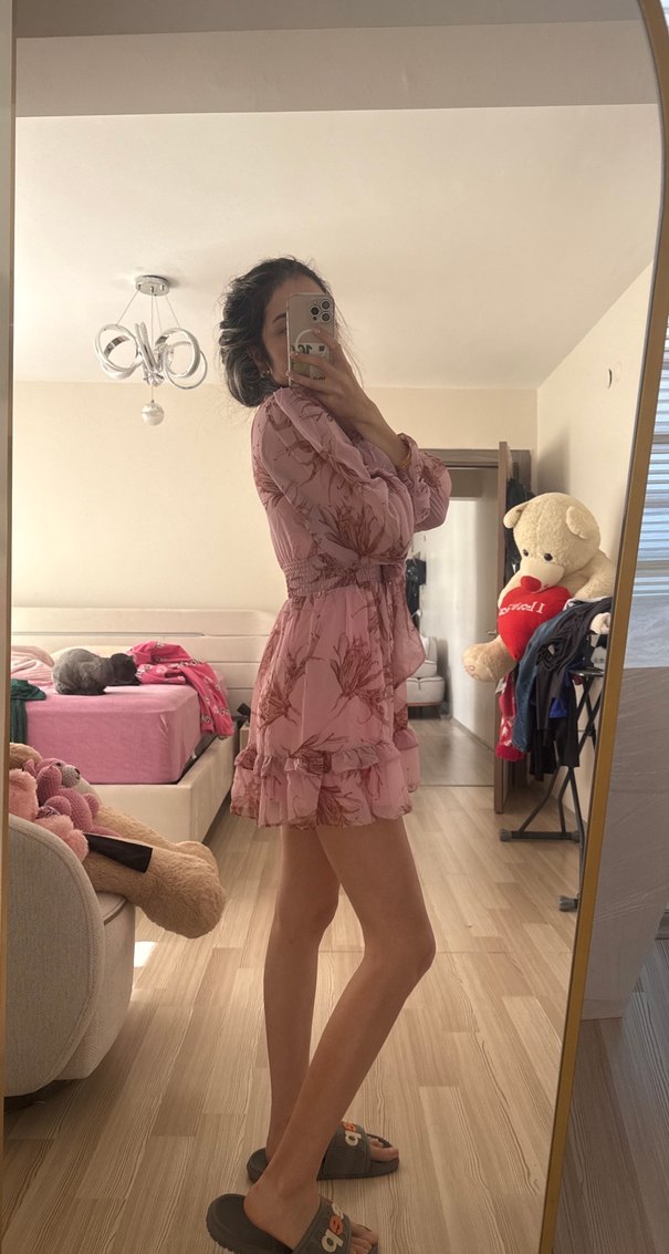 Pembe Midi V Yaka Şifon Elbise - Görsel 2